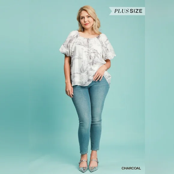 Umgee Cream And Grey Toile Print Puff Sleeve Top - Picture 3 of 7